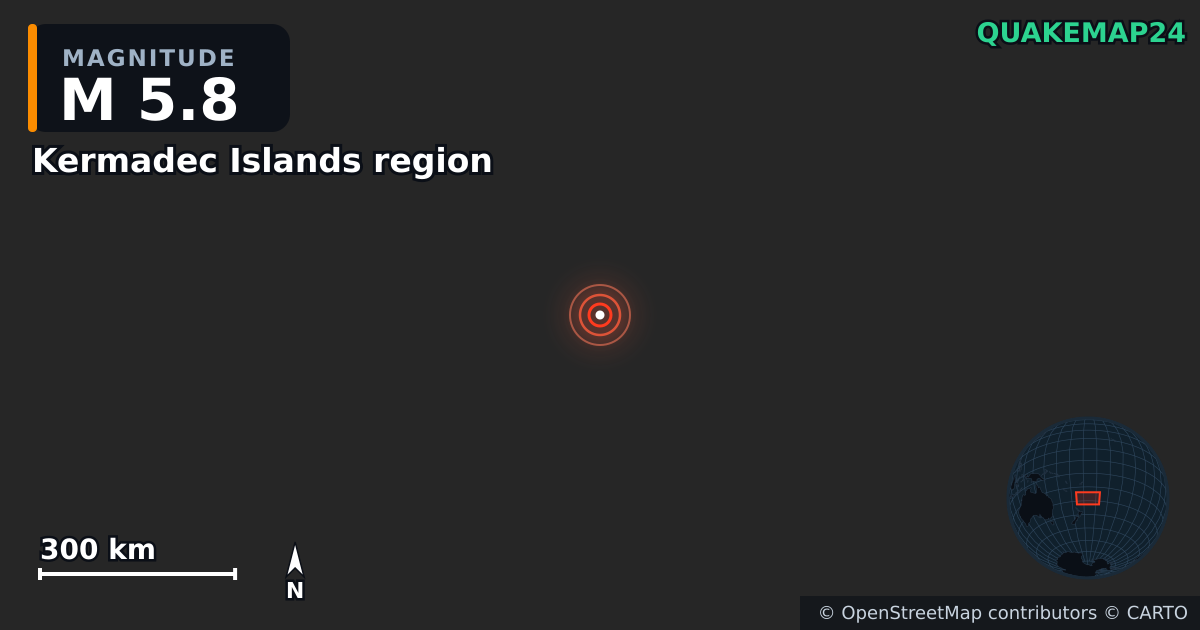 M5.8 earthquake near Kermadec Islands region on Jan 28, 2025 — map of epicenter and shaking intensity | QuakeMap24