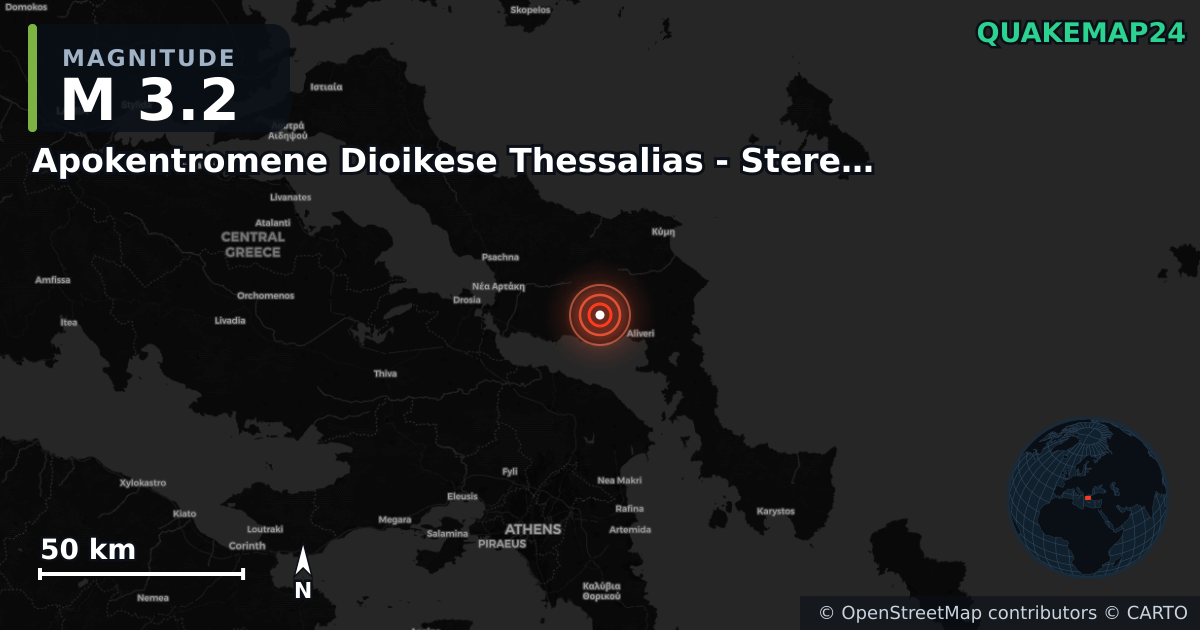 M3.2 earthquake near Apokentromene Dioikese Thessalias - Stereas Ellados on Aug 8, 2025 — map of epicenter and shaking intensity | QuakeMap24