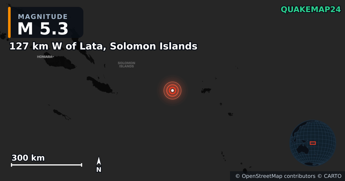 Erdbeben M5,3 bei 127 km W of Lata, Solomon Islands · 2026-08-23 — Karte der Lage des Epizentrums