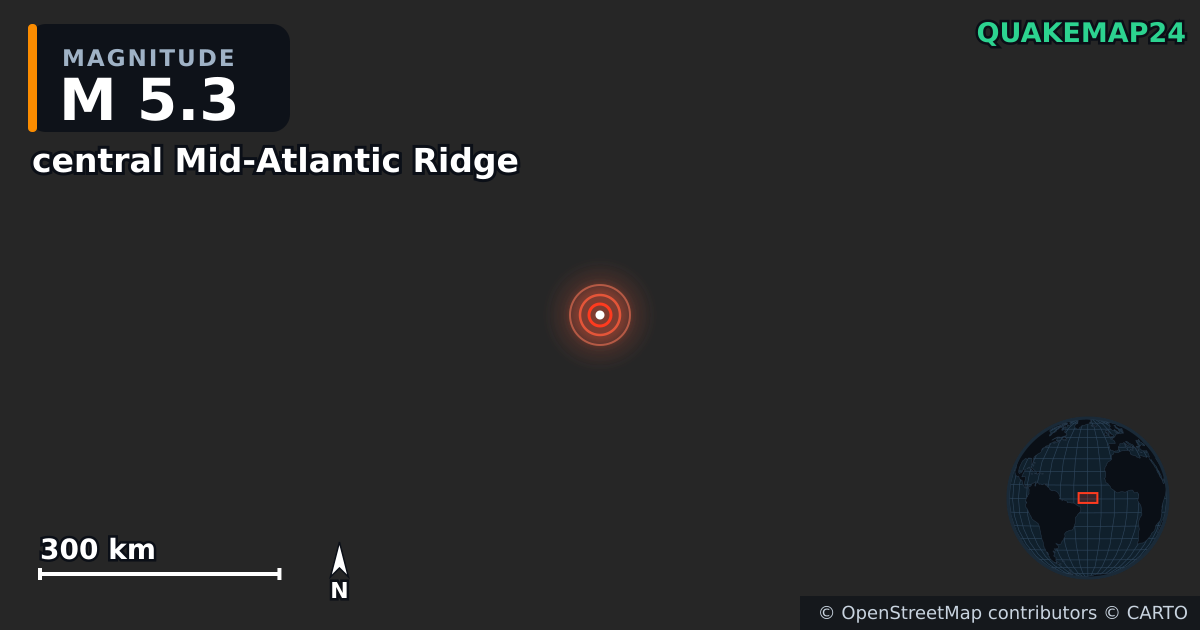 M5.3 earthquake near central Mid-Atlantic Ridge on Apr 8, 2025 — map of epicenter and shaking intensity | QuakeMap24