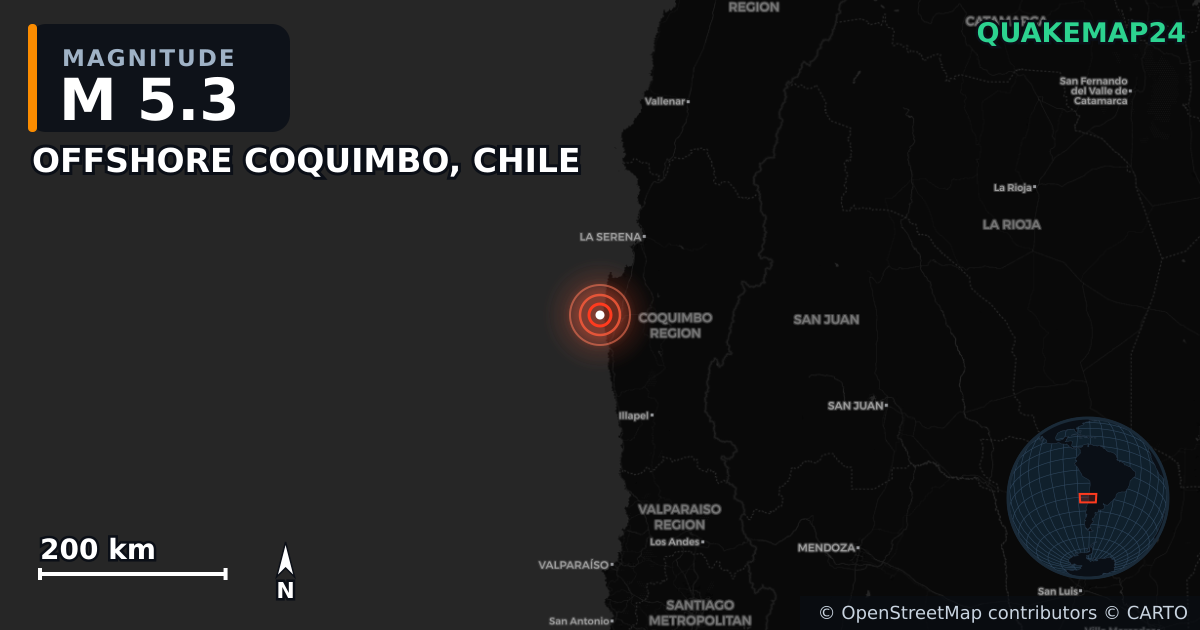 M5.3 earthquake near OFFSHORE COQUIMBO, CHILE on Apr 24, 2025 — map of epicenter and shaking intensity | QuakeMap24