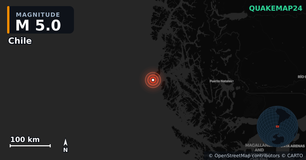 M5.0 earthquake near Chile on Apr 15, 2026 — map of epicenter and shaking intensity | QuakeMap24