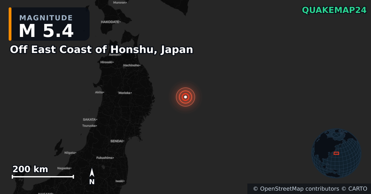 M5.4 earthquake near Off East Coast of Honshu, Japan on Mar 13, 2026 — map of epicenter and shaking intensity | QuakeMap24