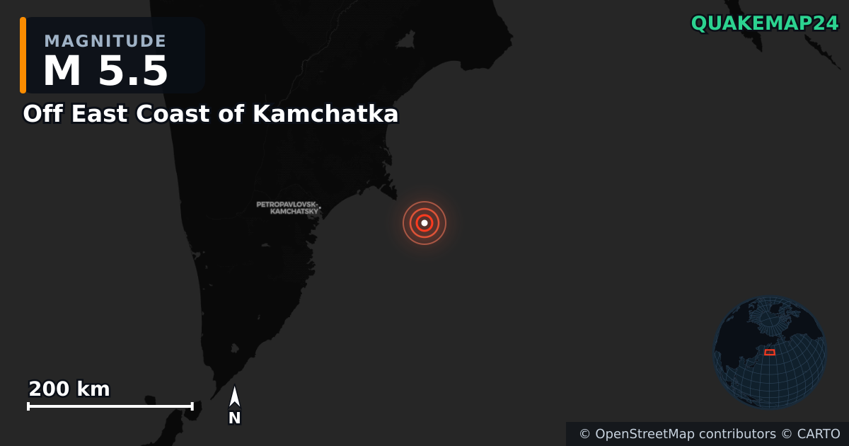 M5.5 earthquake near Off East Coast of Kamchatka on Jul 20, 2025 — map of epicenter and shaking intensity | QuakeMap24