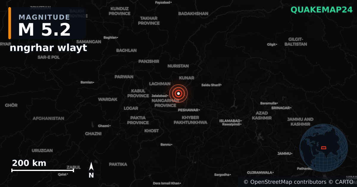 M5.2 earthquake near nngrhar wlayt on Aug 31, 2025 — map of epicenter and shaking intensity | QuakeMap24