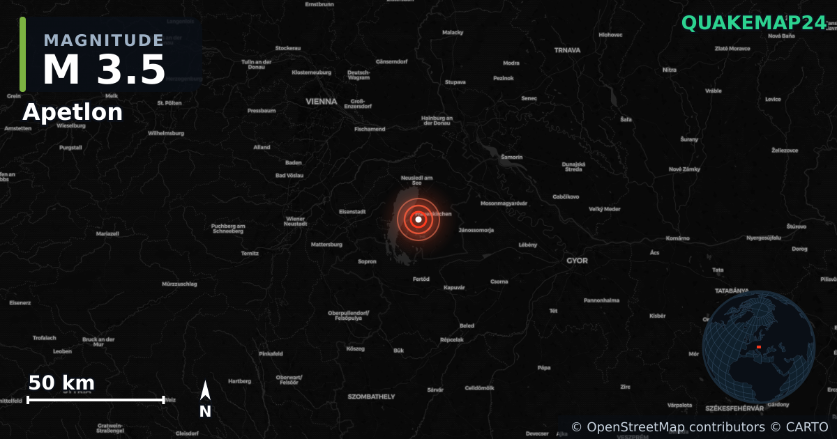 M3.5 earthquake near Apetlon on Feb 3, 2026 — map of epicenter and shaking intensity | QuakeMap24