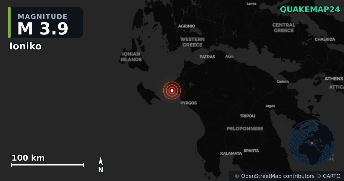M3.9 earthquake near Ioniko on Mar 31, 2026 — map of epicenter and shaking intensity | QuakeMap24