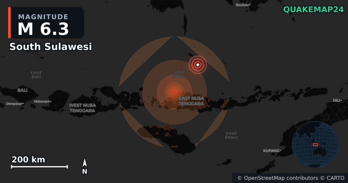 M6.3 earthquake near South Sulawesi on Aug 14, 2026 — map of epicenter and shaking intensity | QuakeMap24