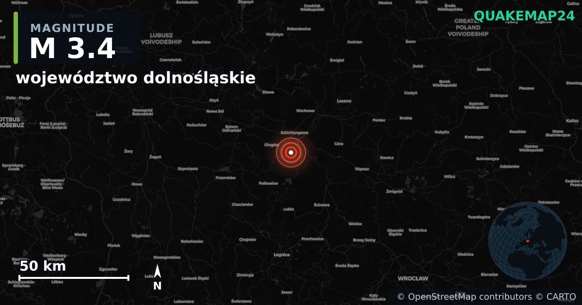 M3.4 earthquake near województwo dolnośląskie on Sep 12, 2025 — map of epicenter and shaking intensity | QuakeMap24