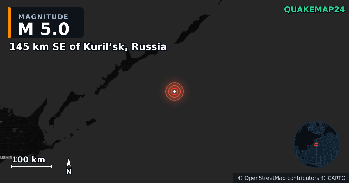 M5.0 earthquake near 145 km SE of Kuril’sk, Russia on May 29, 2025 — map of epicenter and shaking intensity | QuakeMap24