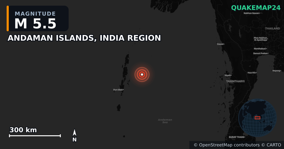 M5.5 earthquake near ANDAMAN ISLANDS, INDIA REGION on Nov 9, 2025 — map of epicenter and shaking intensity | QuakeMap24