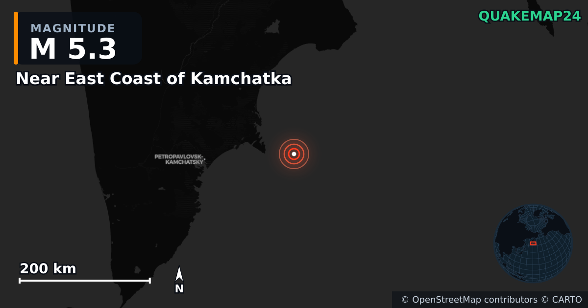 Near East Coast of Kamchatka yakınında M5,3 deprem — Deprem merkez üssünün konumunu gösteren harita