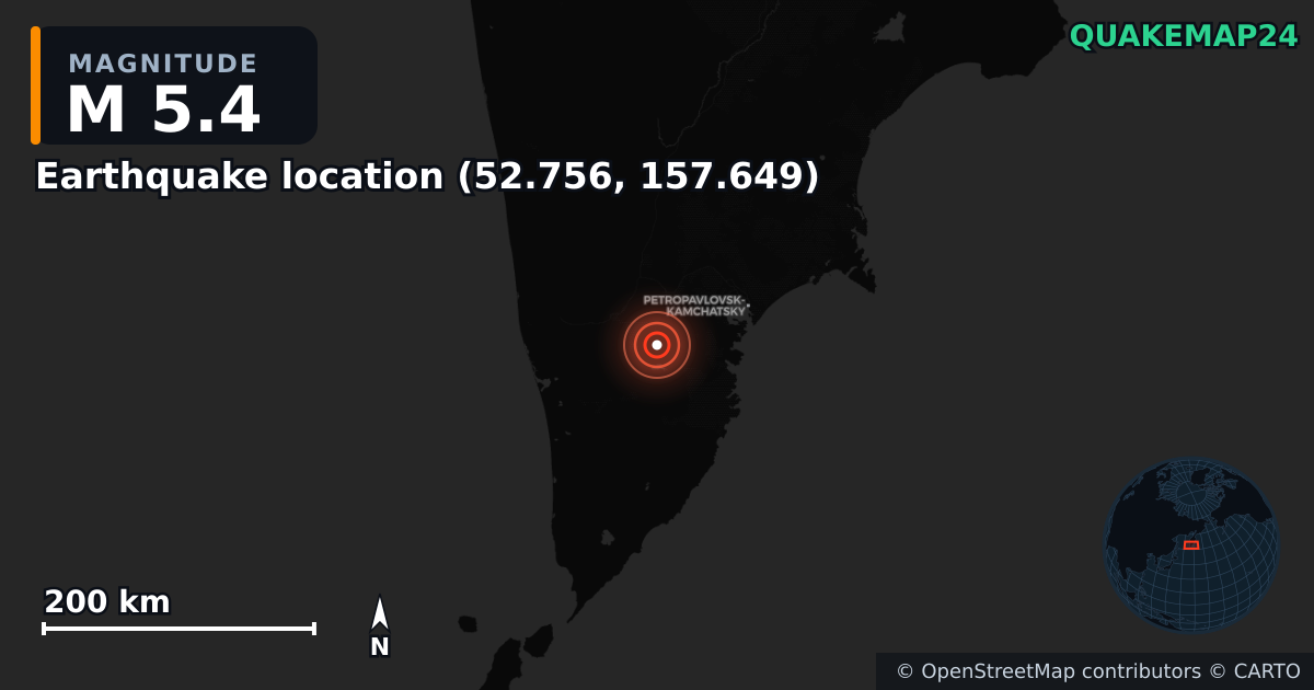 M5.4 earthquake near Deprem konumu (52.756, 157.649) on Aug 3, 2025 — map of epicenter and shaking intensity | QuakeMap24