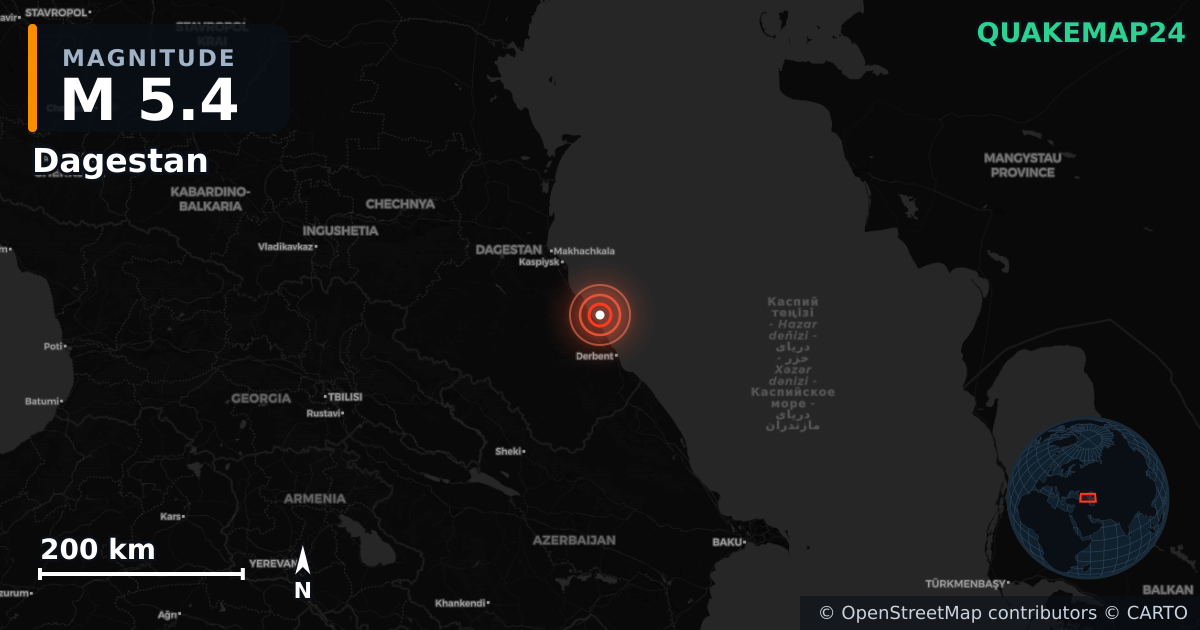 M5.4 earthquake near Dagestan on Aug 26, 2025 — map of epicenter and shaking intensity | QuakeMap24