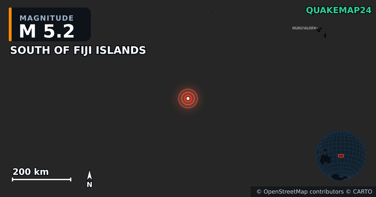 M5.2 Earthquake near SOUTH OF FIJI ISLANDS · 2026-08-25 — Map showing the location of the epicenter