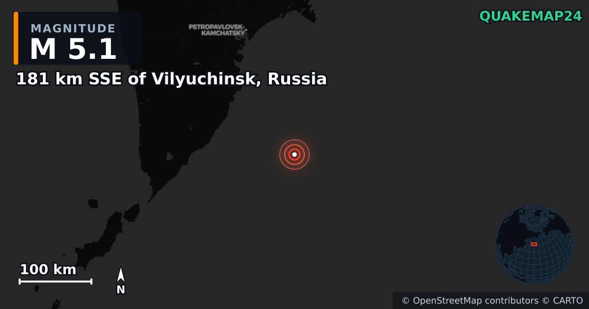 M5.1 earthquake near 181 km SSE of Vilyuchinsk, Russia on Aug 3, 2025 — map of epicenter and shaking intensity | QuakeMap24
