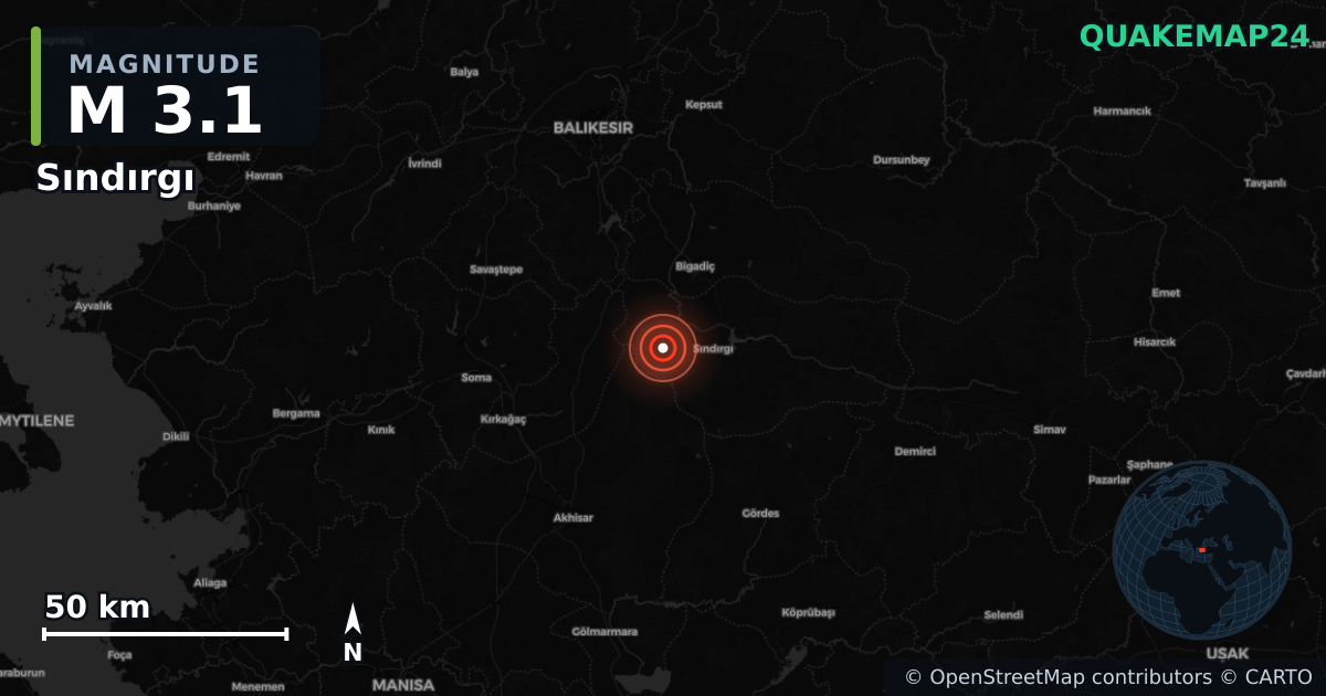 M3.1 earthquake near Sındırgı on Aug 17, 2025 — map of epicenter and shaking intensity | QuakeMap24