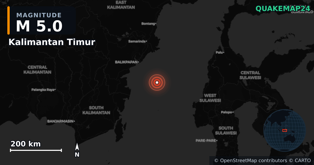 M5.0 earthquake near Kalimantan Timur on Jul 17, 2025 — map of epicenter and shaking intensity | QuakeMap24