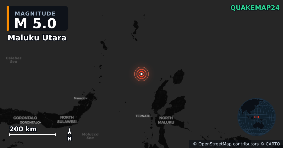 M5.0 earthquake near Maluku Utara on May 23, 2025 — map of epicenter and shaking intensity | QuakeMap24