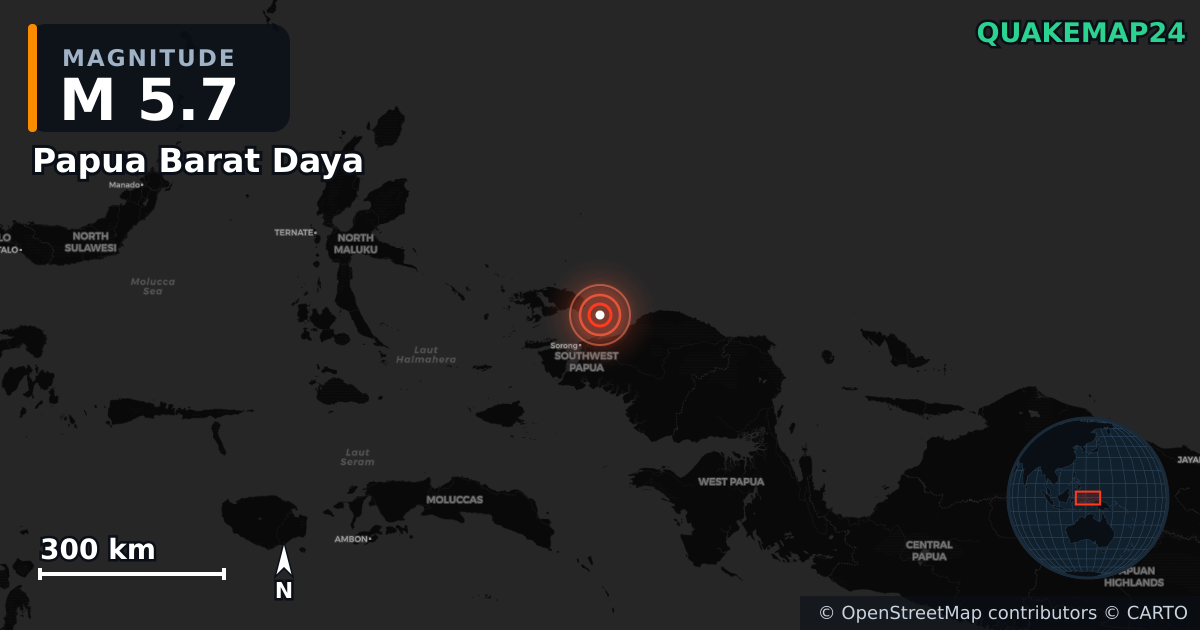 M5.7 earthquake near Papua Barat Daya on Jul 26, 2025 — map of epicenter and shaking intensity | QuakeMap24