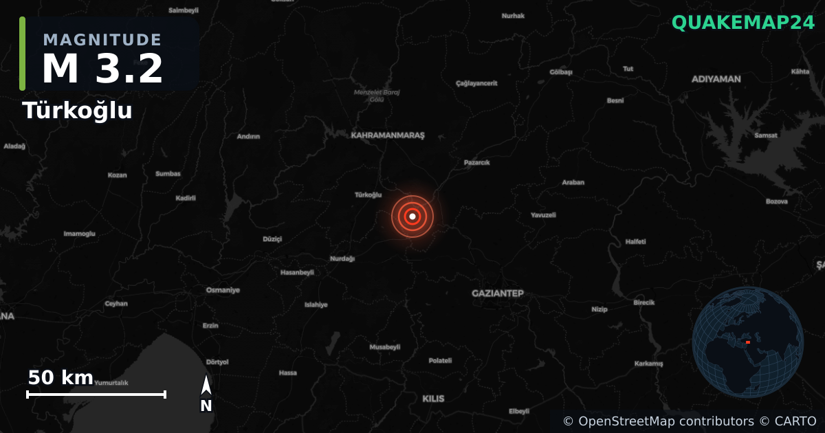 M3.2 earthquake near Türkoğlu on Aug 6, 2025 — map of epicenter and shaking intensity | QuakeMap24