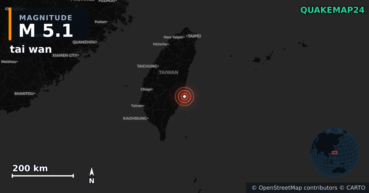 M5.1 earthquake near tai wan on May 12, 2026 — map of epicenter and shaking intensity | QuakeMap24