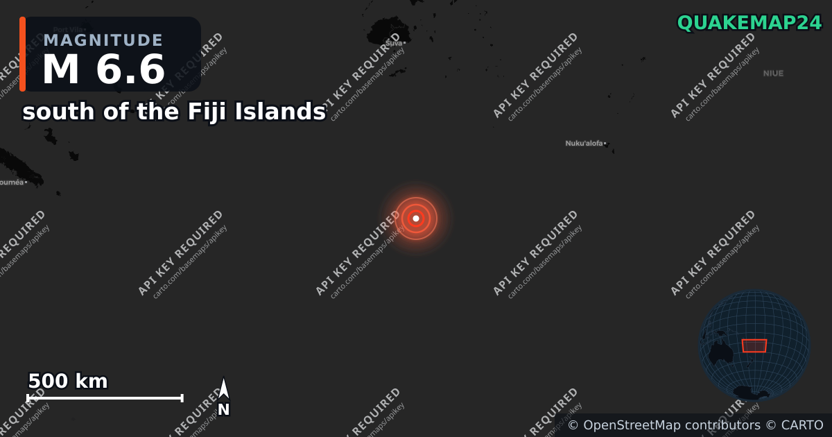 M6.6 earthquake near south of the Fiji Islands on Jul 29, 2025 — map of epicenter and shaking intensity | QuakeMap24