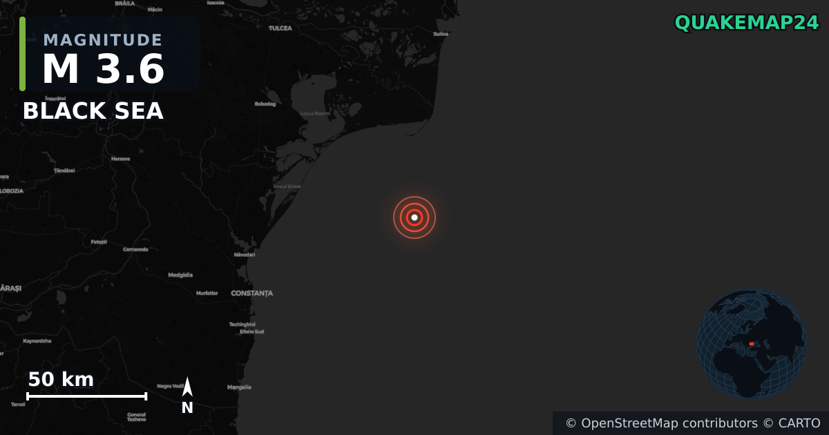 M3.6 earthquake near BLACK SEA on Jun 22, 2026 — map of epicenter and shaking intensity | QuakeMap24
