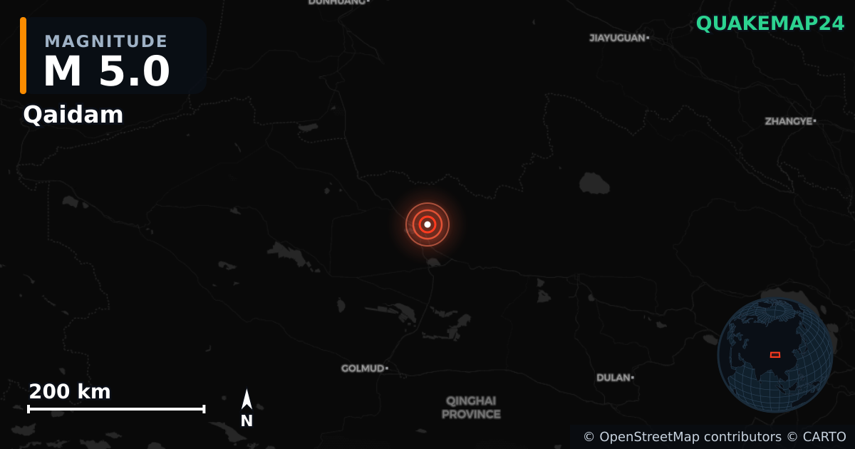 M5.0 earthquake near Qaidam on Jun 16, 2026 — map of epicenter and shaking intensity | QuakeMap24