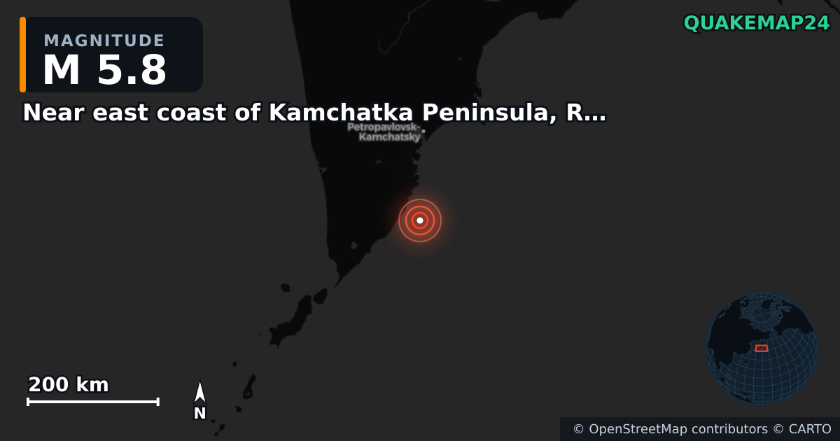 M5.8 earthquake near Near east coast of Kamchatka Peninsula, Russia [Sea: Russia] on Sep 22, 2025 — map of epicenter and shaking intensity | QuakeMap24