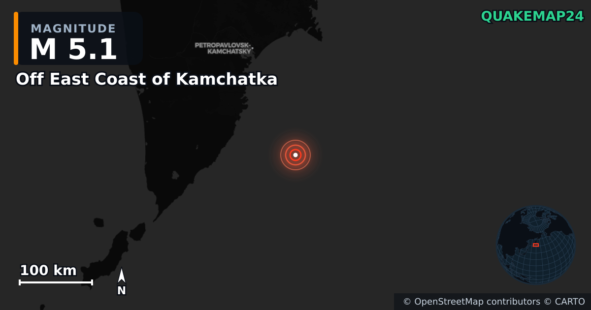 M5.1 earthquake near Off East Coast of Kamchatka on Aug 4, 2025 — map of epicenter and shaking intensity | QuakeMap24