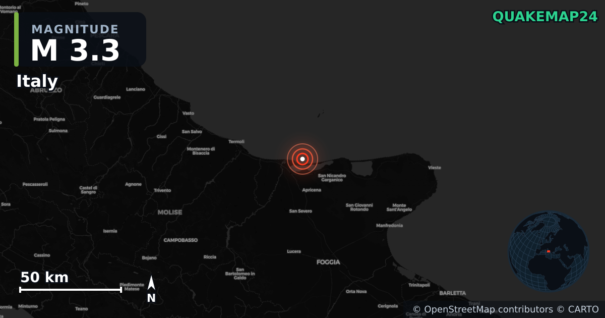 M3.3 earthquake near Italy on May 23, 2026 — map of epicenter and shaking intensity | QuakeMap24