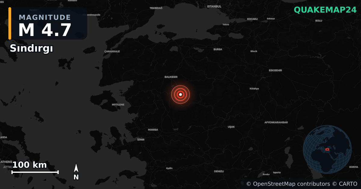 M4.7 earthquake near Sındırgı on Nov 10, 2025 — map of epicenter and shaking intensity | QuakeMap24