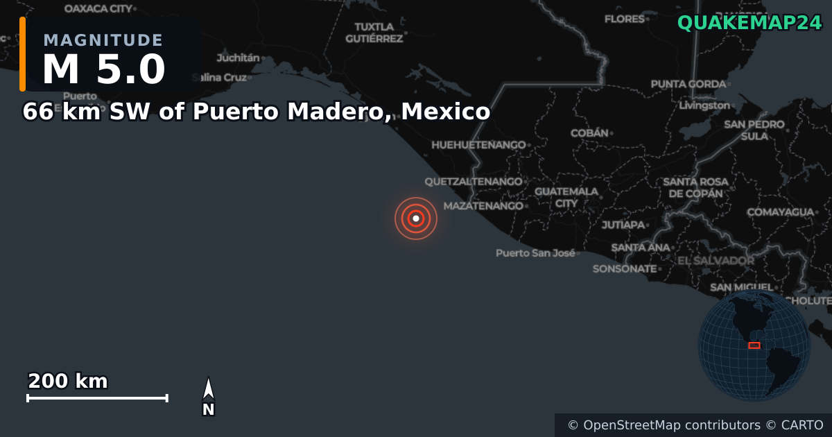 Σεισμός M5,0 κοντά στο 66 km SW of Puerto Madero, Mexico · 2026-07-17 — Χάρτης της θέσης του επικέντρου
