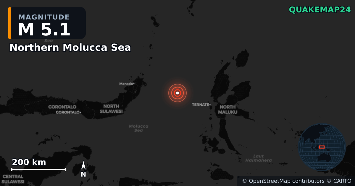 Erdbeben M5,1 bei Northern Molucca Sea — Karte der Lage des Epizentrums