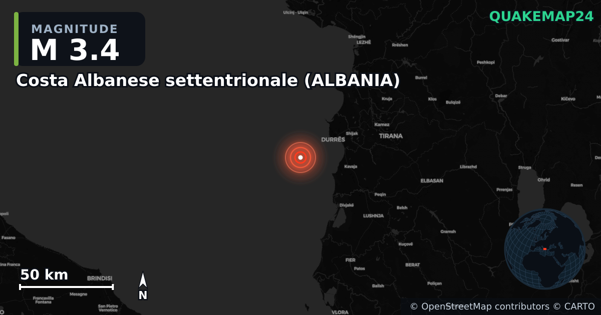 M3.4 earthquake near Costa Albanese settentrionale (ALBANIA) on Oct 22, 2025 — map of epicenter and shaking intensity | QuakeMap24