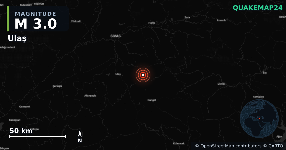 M3.0 earthquake near Ulaş on Jun 24, 2025 — map of epicenter and shaking intensity | QuakeMap24