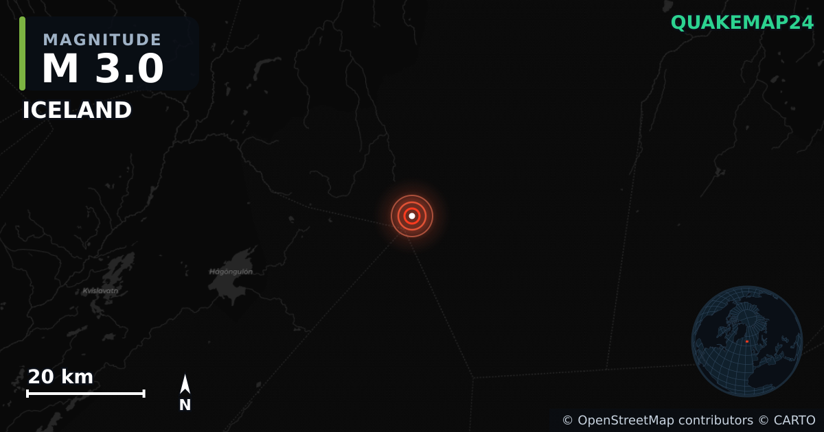 M3.0 earthquake near ICELAND on Jul 16, 2025 — map of epicenter and shaking intensity | QuakeMap24