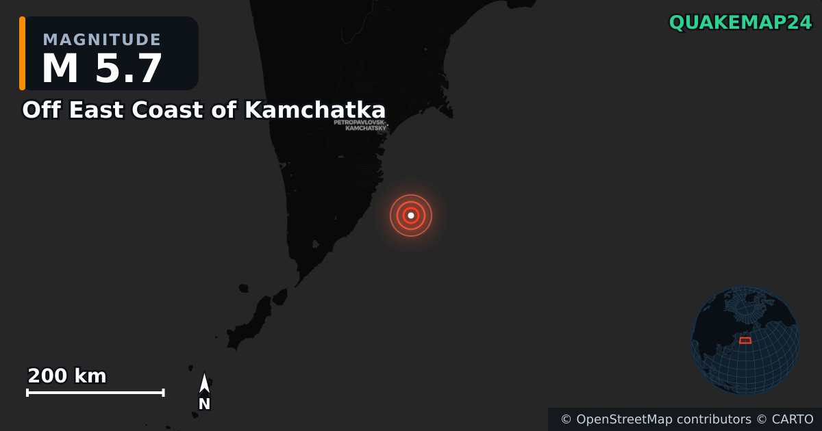 Erdbeben M5,7 bei Off East Coast of Kamchatka — Karte der Lage des Epizentrums