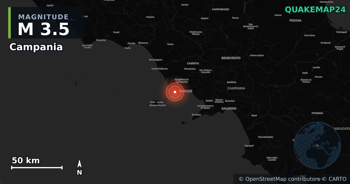 M3.5 earthquake near Campania on May 13, 2025 — map of epicenter and shaking intensity | QuakeMap24