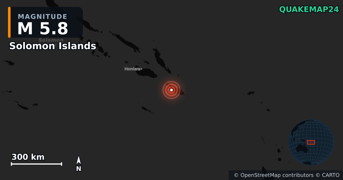 M5.8 earthquake near Solomon Islands on Apr 18, 2026 — map of epicenter and shaking intensity | QuakeMap24