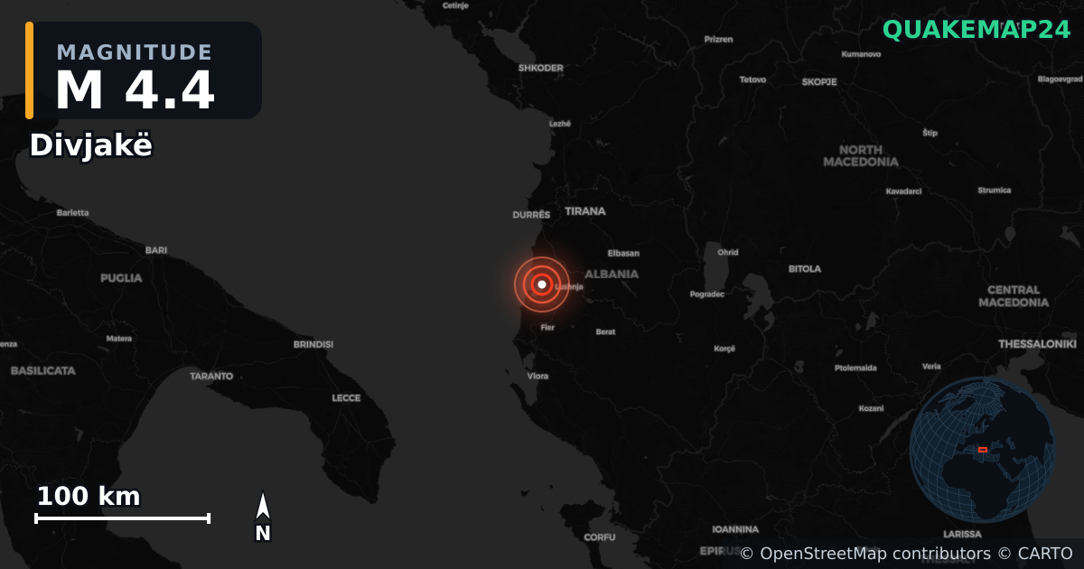 M4.4 earthquake near Divjakë on Aug 25, 2026 — map of epicenter and shaking intensity | QuakeMap24
