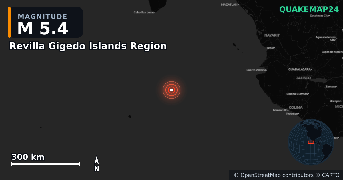 Erdbeben M5,4 bei Revilla Gigedo Islands Region · 2025-05-28 — Karte der Lage des Epizentrums