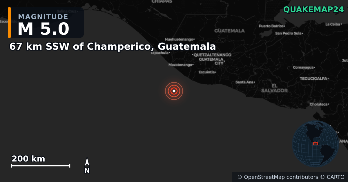 67 km SSW of Champerico, Guatemala yakınında M5,0 deprem — Deprem merkez üssünün konumunu gösteren harita