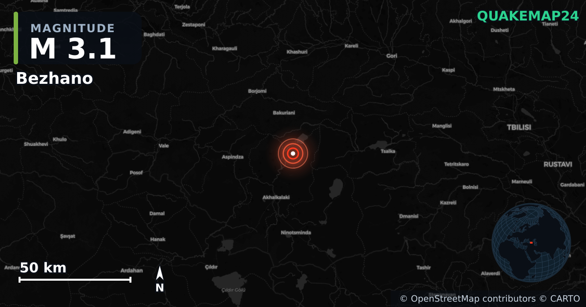 Erdbeben M3,1 bei Bezhano, Samtskhe-Javakheti (Georgien) · 2026-09-08 — Karte der Lage des Epizentrums