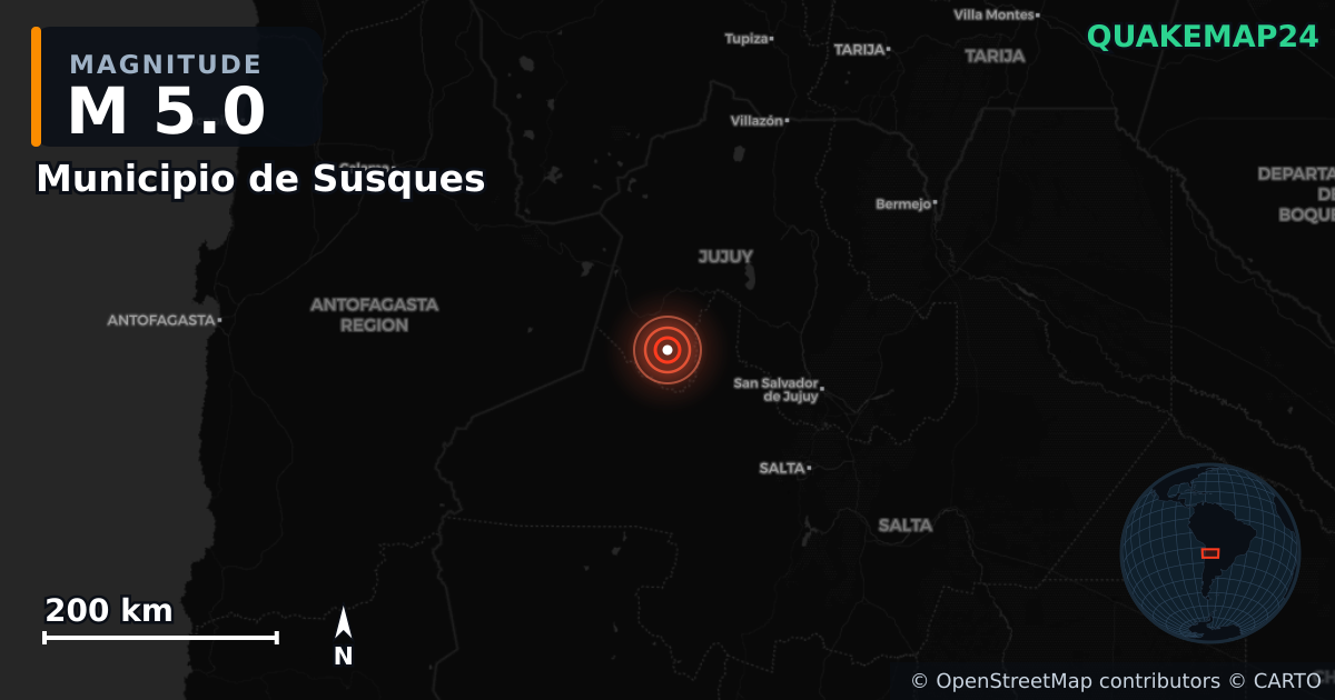 M5.0 earthquake near Municipio de Susques on May 8, 2026 — map of epicenter and shaking intensity | QuakeMap24
