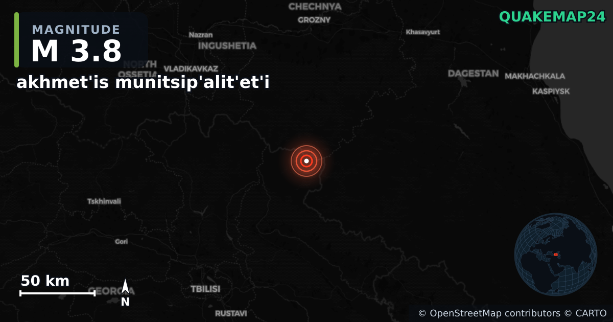 M3.8 earthquake near akhmet'is munitsip'alit'et'i on Apr 8, 2026 — map of epicenter and shaking intensity | QuakeMap24