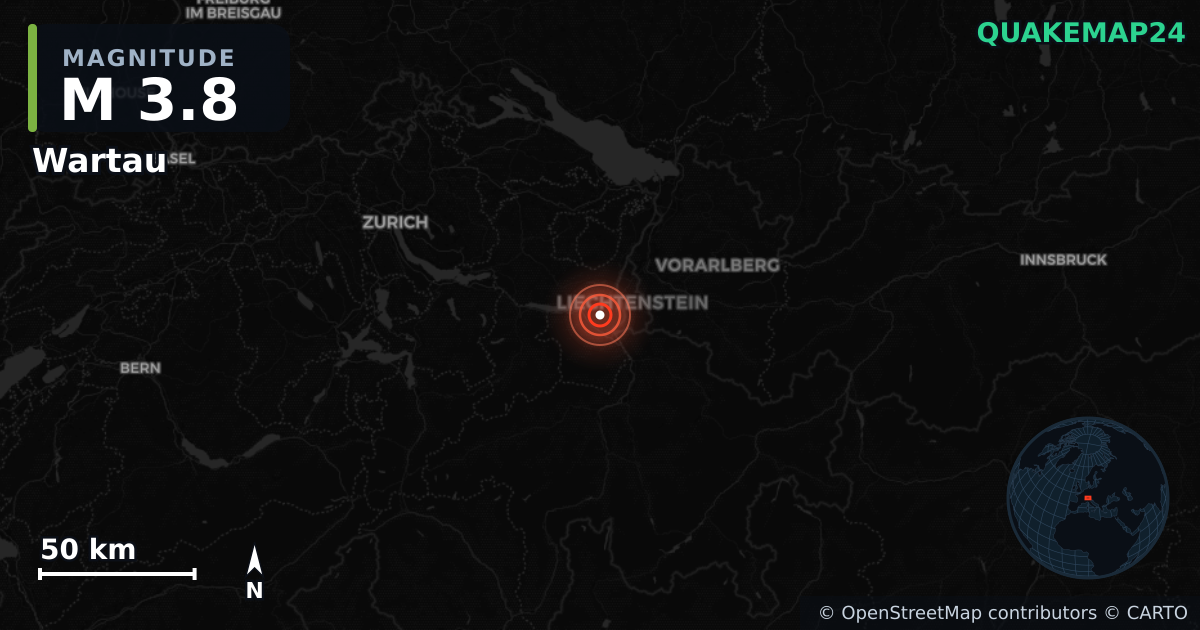 M3.8 earthquake near Wartau on Apr 26, 2026 — map of epicenter and shaking intensity | QuakeMap24
