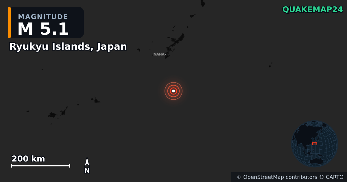 M5.1 earthquake near Ryukyu Islands, Japan on Jun 19, 2026 — map of epicenter and shaking intensity | QuakeMap24