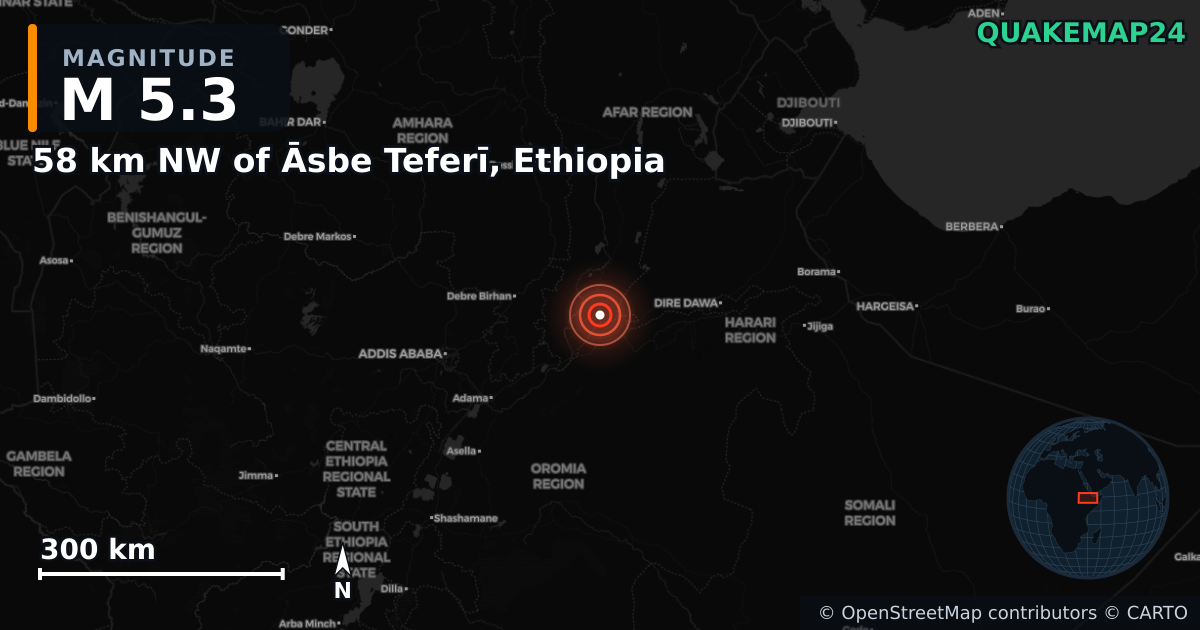M5.3 earthquake near 58 km NW of Āsbe Teferī, Ethiopia on Feb 23, 2025 — map of epicenter and shaking intensity | QuakeMap24